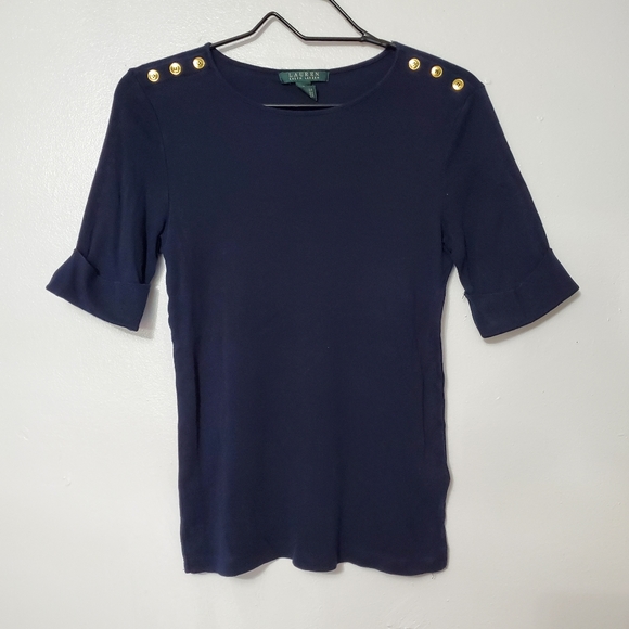 Womens Shirt Small Button Shoulder Elbow Sleeve Crew Neck Ralph Lauren - Picture 11 of 11